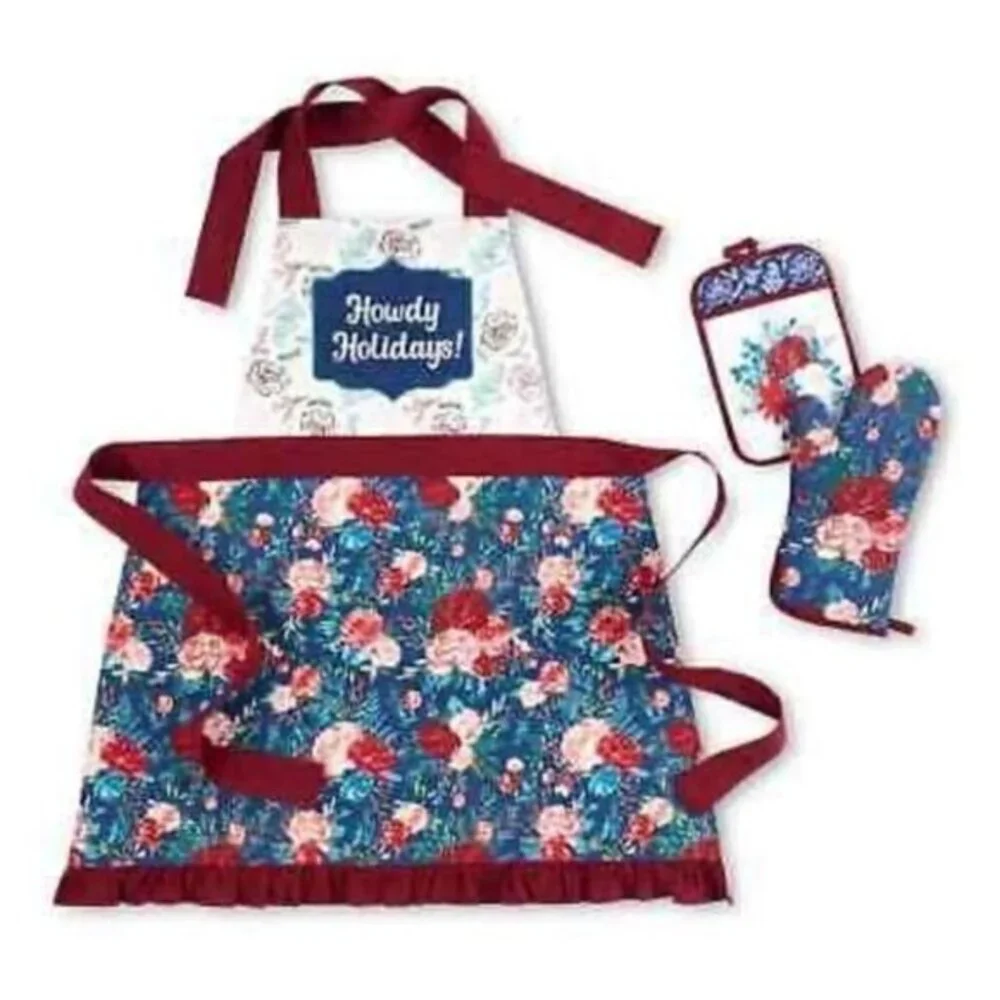 Pioneer Woman Howdy Holiday Kitchen Apron Potholder Mitt Set New
